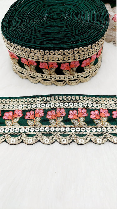 Art Silk Trim Gold Embroidered Sequins Pink Floral Trim, Decorative Trim, Indian Sari Border